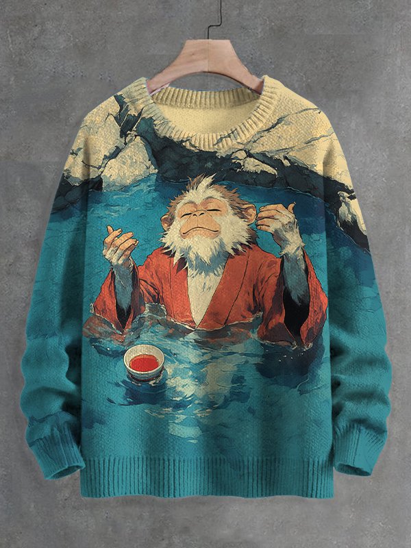 Men's Relaxed Monkey Drinking Tea In Hot Spring Art Print Knit Sweatshirt