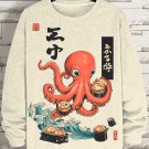 Men's Sea Wave Octopus Sushi Japanese Illustration Print Cotton Casual Sweatshirt