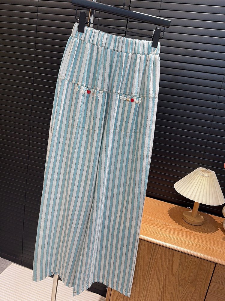 Women's Striped Pattern Buttons Decor High Waist Straight Leg Pants