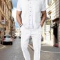 Men's Waffle Solid Color Short Sleeve Shirt Slant Pocket Pants Matching Set