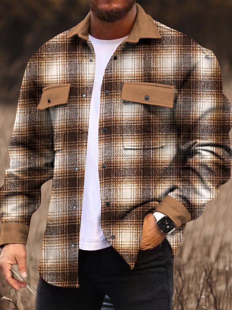 Men's Retro Plaid Pattern Print Denim-Like Long Sleeve Shirt