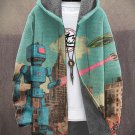 Men's Retro Robot Shooting Laser City Scene Art Print Hooded Trench Coat