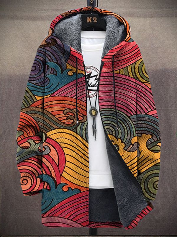 Men's Retro Colored Waves Art Print Hooded Trench Coat