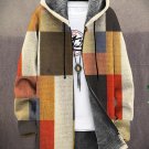 Men's Colourful Color Block Plaid Art Print Fleece Lined Hooded Trench Coat