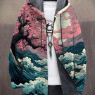 Men's Cherry Trees And Waves In The Moonlight Japan Art Print Hooded Trench Coat