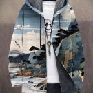 Men's Natural Landscape Japanese Art Print Hooded Trench Coat