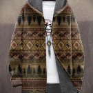 Men's Black Ethnic Pattern Tree Art Print Fleece Lined Hooded Trench Coat