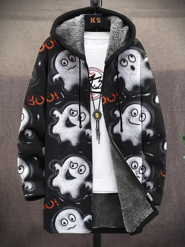 Men's Halloween Cute Ghost Print Fleece Lined Hooded Trench Coat