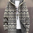 Men's Black Ethnic Pattern Print Fleece Lined Hooded Trench Coat