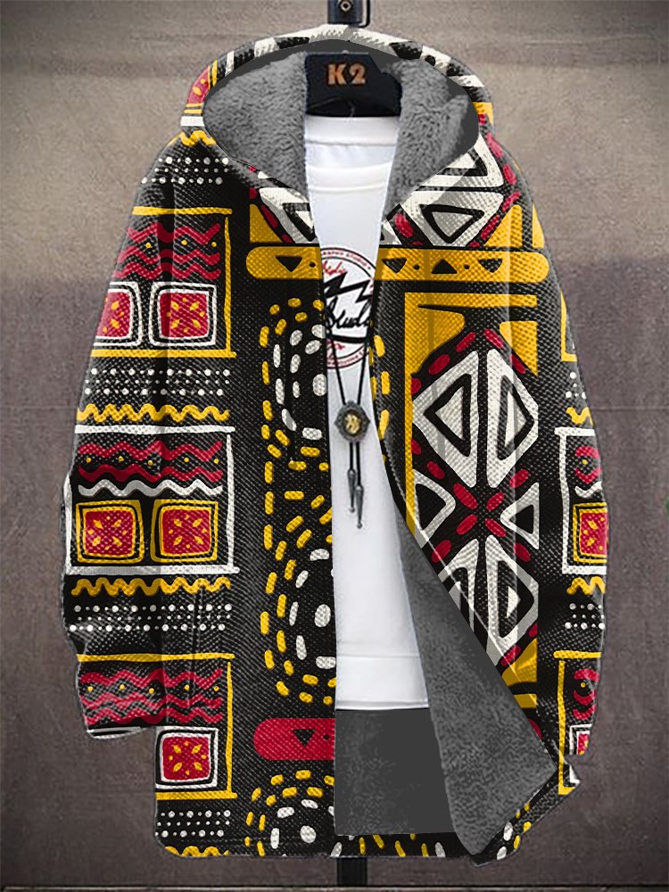 Men's Tribe Geometric Pattern Art Print Fleece Lined Hooded Trench Coat