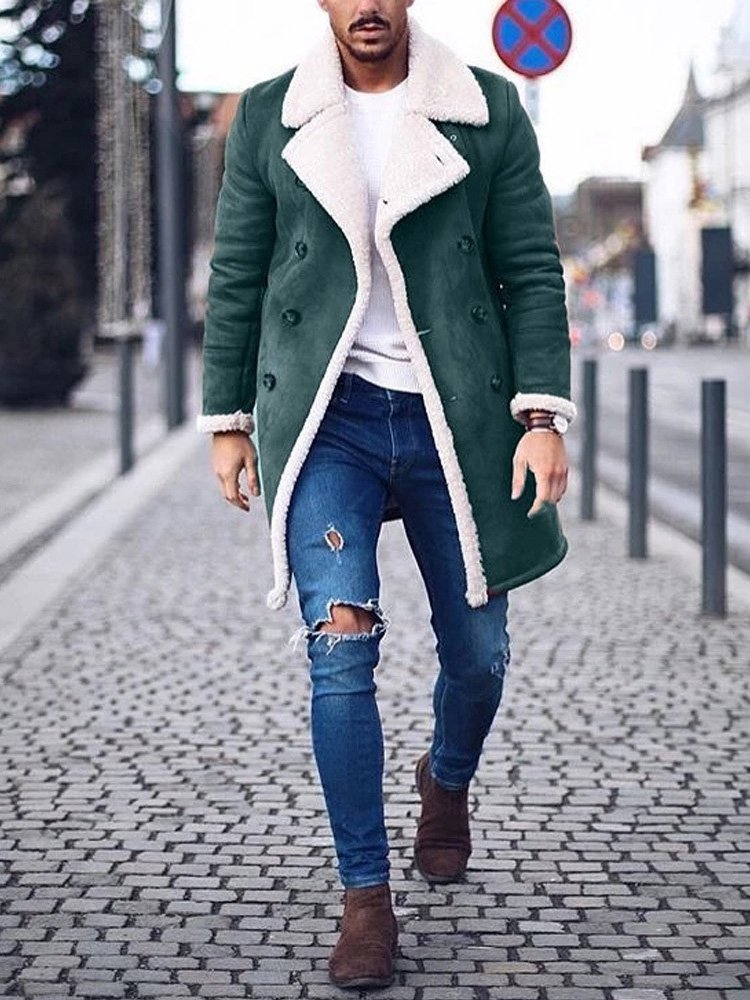 Men's Solid Color Double Breasted Lapel Collar Warm Coat