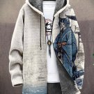 Men's Winter Kimono Cat Japanese Art Print Hooded Trench Coat