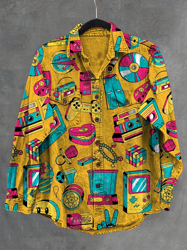 Men's Retro Game Console Rubik's Cube Entertainment Element Print Casual Jacket