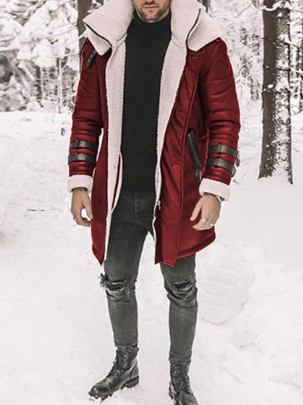 Men's Solid Color Zipper Sherpa Lined Mid-length Coat