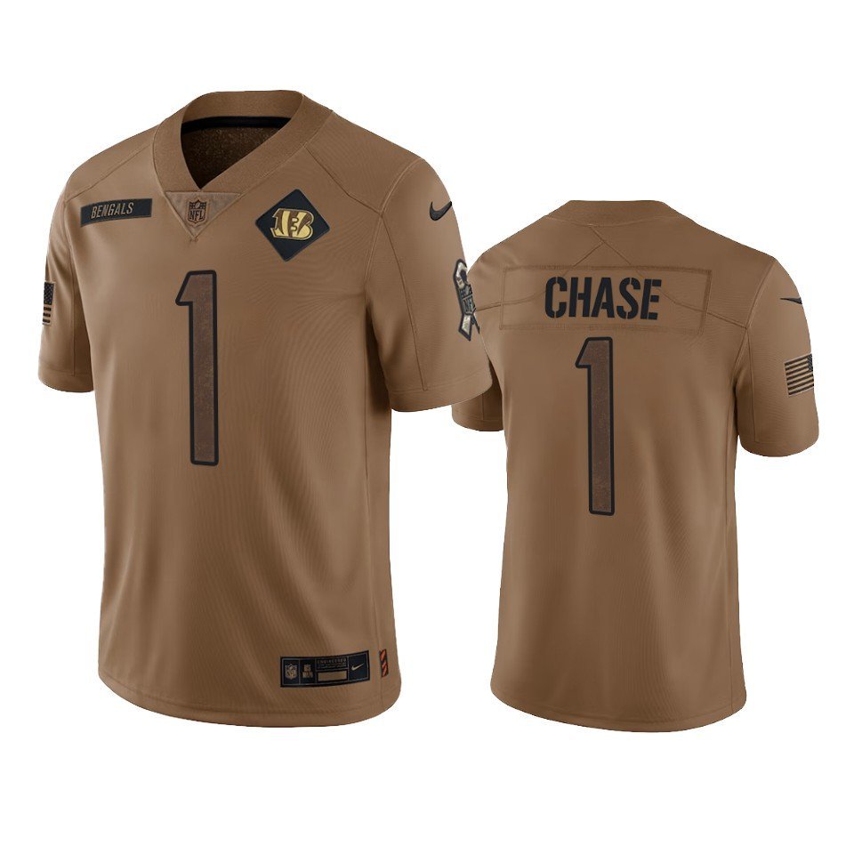 Men & Youth #1 Ja'Marr Chase Cincinnati Bengals 2023 Salute to Service Edition Brown Jersey