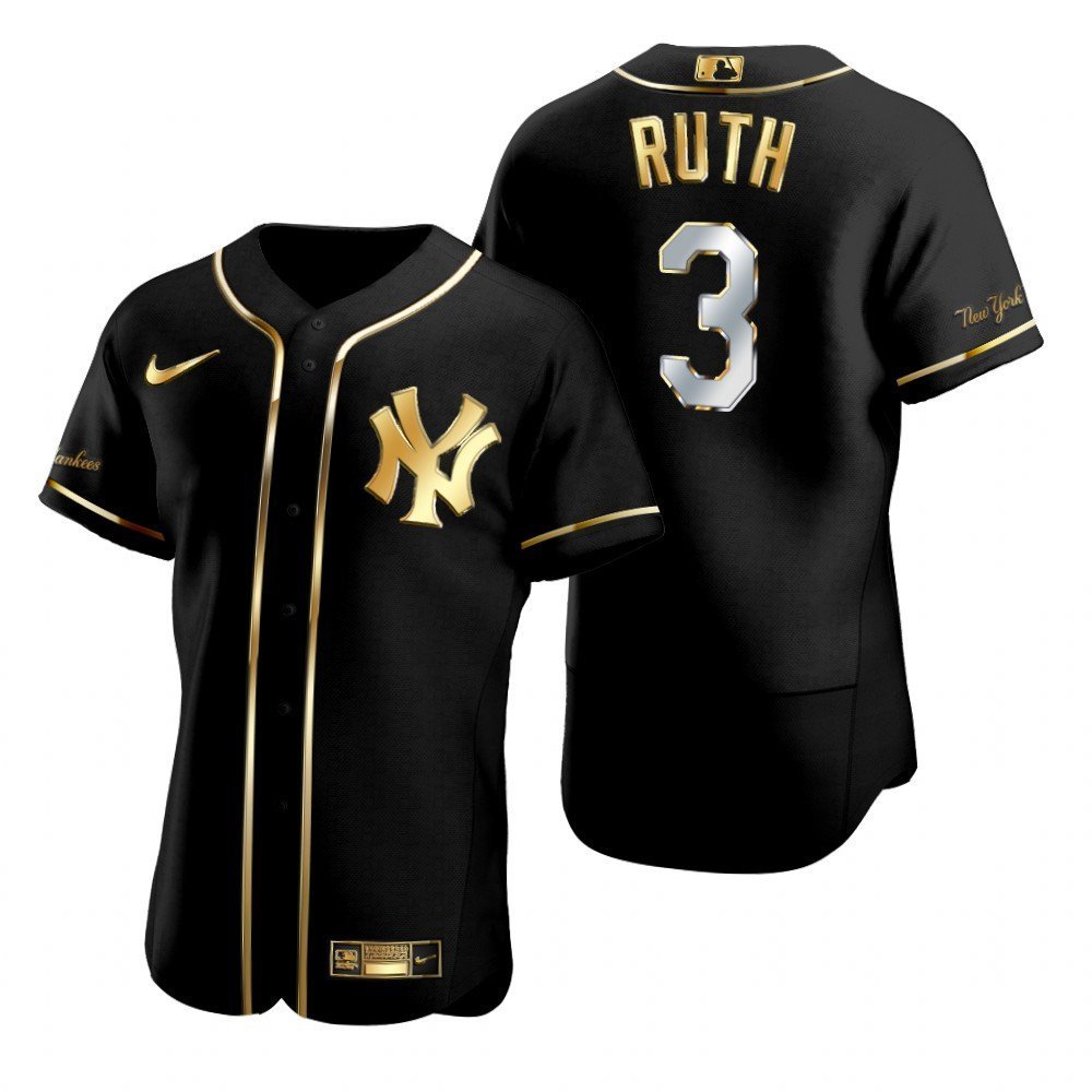 Men's #3 Babe Ruth New York Yankees Black Golden Edition Jersey
