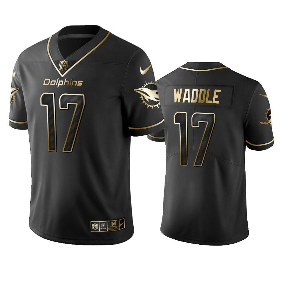 Men & Youth #17 Jaylen Waddle Miami Dolphins Black Golden Edition Jersey