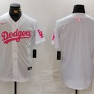 Men's Los Angeles Dodgers Team Big Logo White Pink Vin & Kobe Patch Stitched Jersey