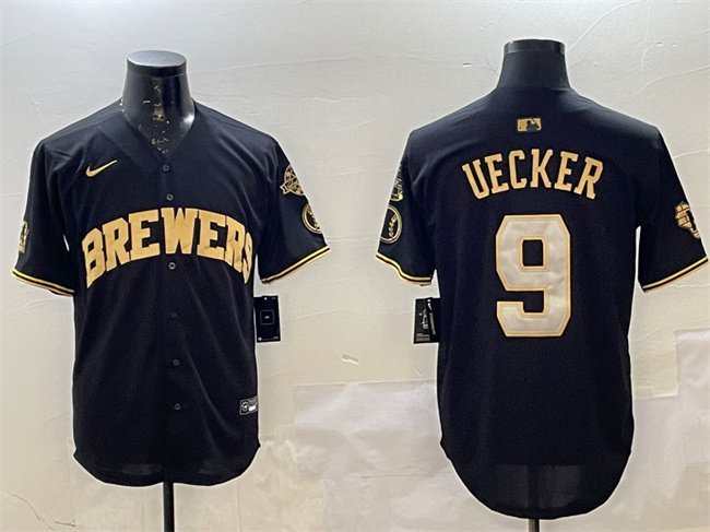 Men's Milwaukee Brewers #9 Bob Uecker BlackGold With Home Patch Limited Stitched Jersey