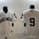 Men's Milwaukee Brewers #9 Bob Uecker White Gold With Home Patch Limited Stitched Jersey