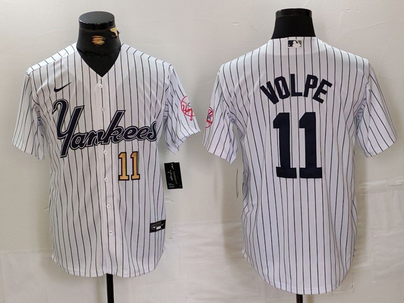 Men's New York Yankees Anthony Volpe White Pinstripe Fashion Cool Base Jersey