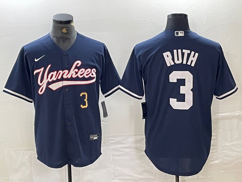 Men's New York Yankees Babe Ruth Number Navy Cool Base Stitched Baseball Jersey