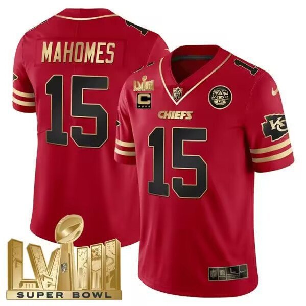 Men's Chiefs Patrick Mahomes Red Gold Super Bowl LVIII C Patch Vapor Limited Football Jersey