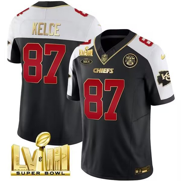 Men's Chiefs Travis Kelce Black Gold Super Bowl LVIII FUSE Vapor Limited Football Jersey