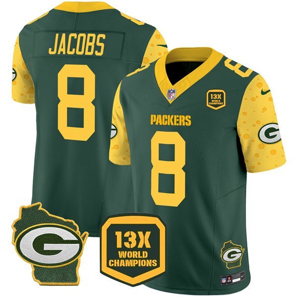 Men's Green Bay Packers Josh Jacobs Green 2024 F.U.S.E. 13 Time World Champions Patch Jersey