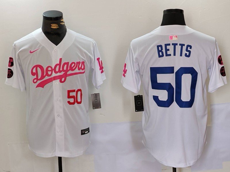 Men's LA Dodgers Mookie Betts White Pink Vin & Kobe Patch Stitched Jersey