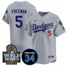 Men's Los Angeles Dodgers #5 Freddie Freeman Grey 2024 World Series With 34 Jersey