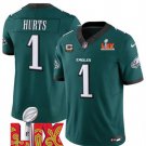 Men's Philadelphia Eagles #1 Jalen Hurts Green 2025 Super Bowl LIX With 3-Star C Patch Jersey
