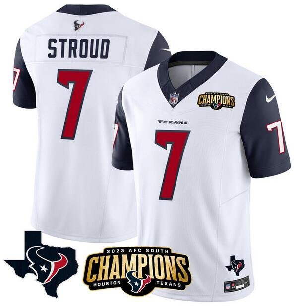 Men's Texans C.J. Stroud White Navy 2024 F.U.S.E. AFC South Champions Patch Vapor Football Jersey