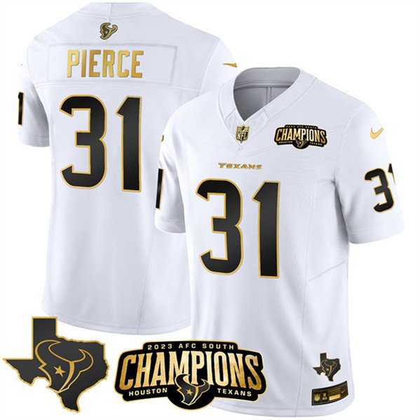 Men's Texans Dameon Pierce White Gold 2023 F.U.S.E. AFC South Champions Patch Jersey