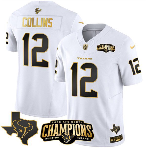 Men's Texans Nico Collins White Gold 2024 F.U.S.E. AFC South Champions Patch Jersey