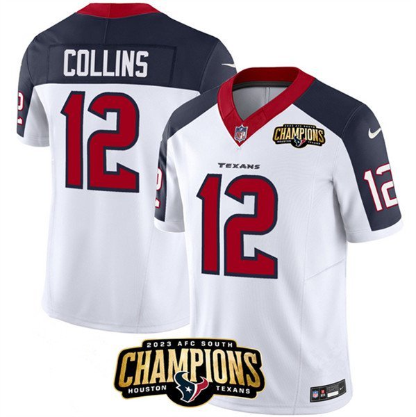 Men's Texans Nico Collins White Navy 2023 F.U.S.E. AFC South Champions Patch Jersey