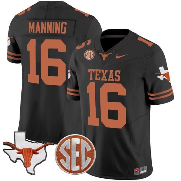 Men's Texas Longhorns Arch Manning Texas Orange F.U.S.E. State Map & SEC Patch Stitched Jersey