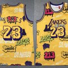 Men Lakers #23 LeBron James Graffiti Basketball Jersey Gold Scribble