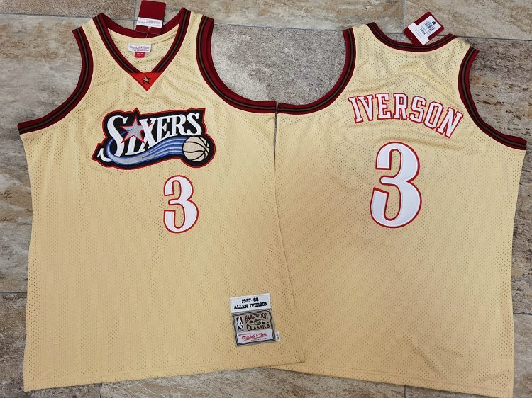Mitchell Ness 76ers Allen Iverson AU Jersey Cream Gold Fine Embroidery