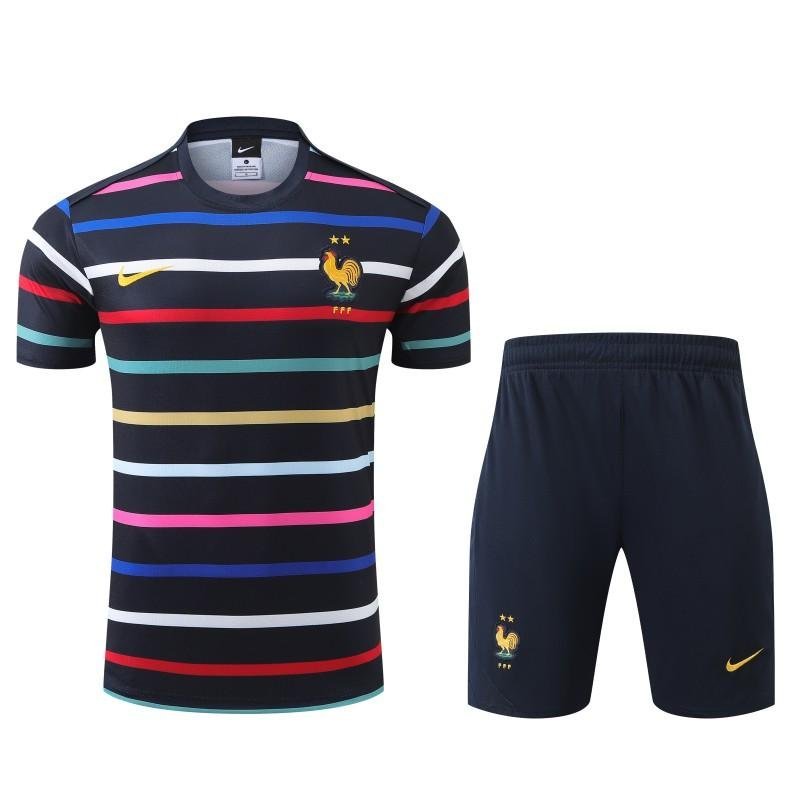 France Navy Stripe Short Sleeve 2024 Soccer Football Jersey+Shorts
