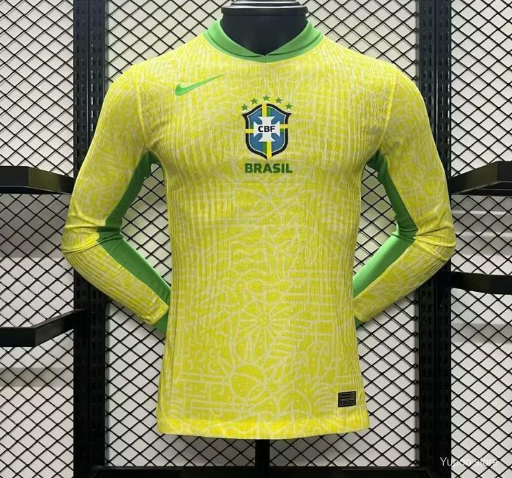 Brazil Home Long Sleeve 2024 Player Authentic Soccer Football Futbol Jersey Kit