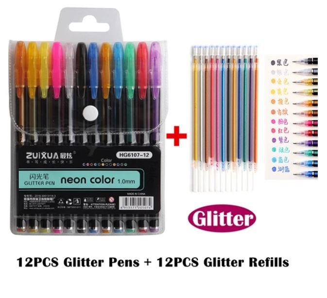12pc glitter pen  with 12 Refill glitter pens  Colors Gel Pens  School Office