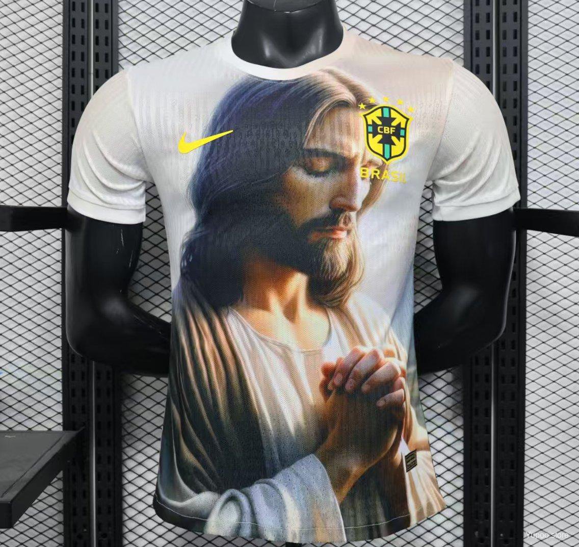 Brazil White with Jesus Praying Portrait 2025 Player Jersey