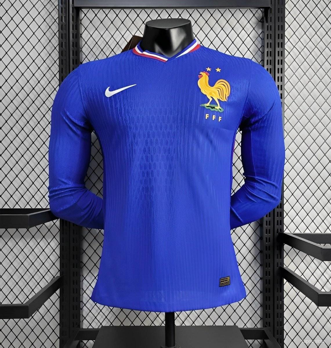 France Home Long Sleeve 2024 Player Authentic Soccer Football Futbol Jersey Kit