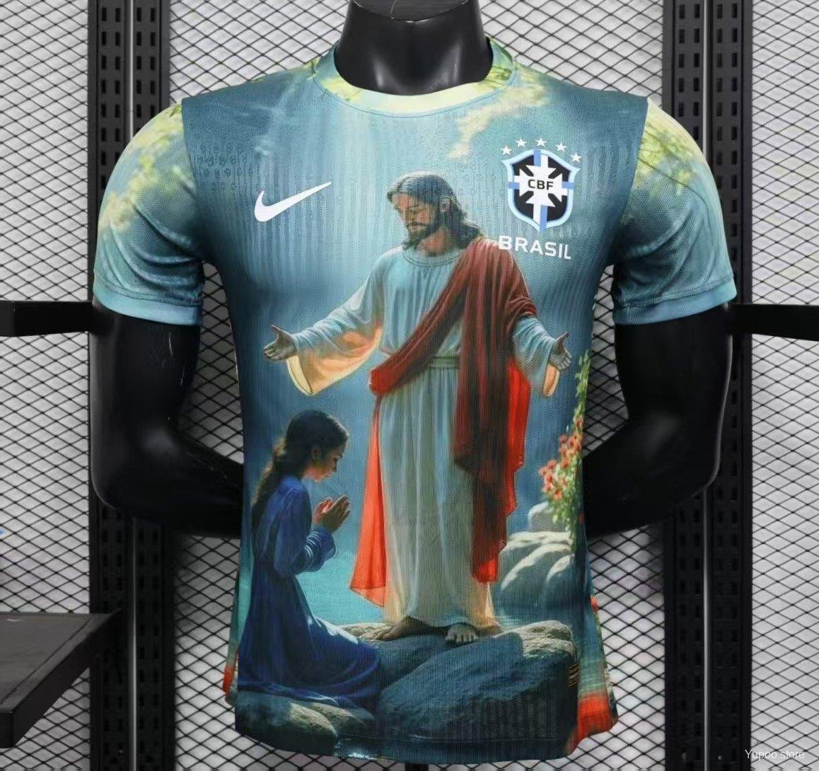 Brazil Light Blue with Jesus Christ Religious Artwork 2025 Player Jersey