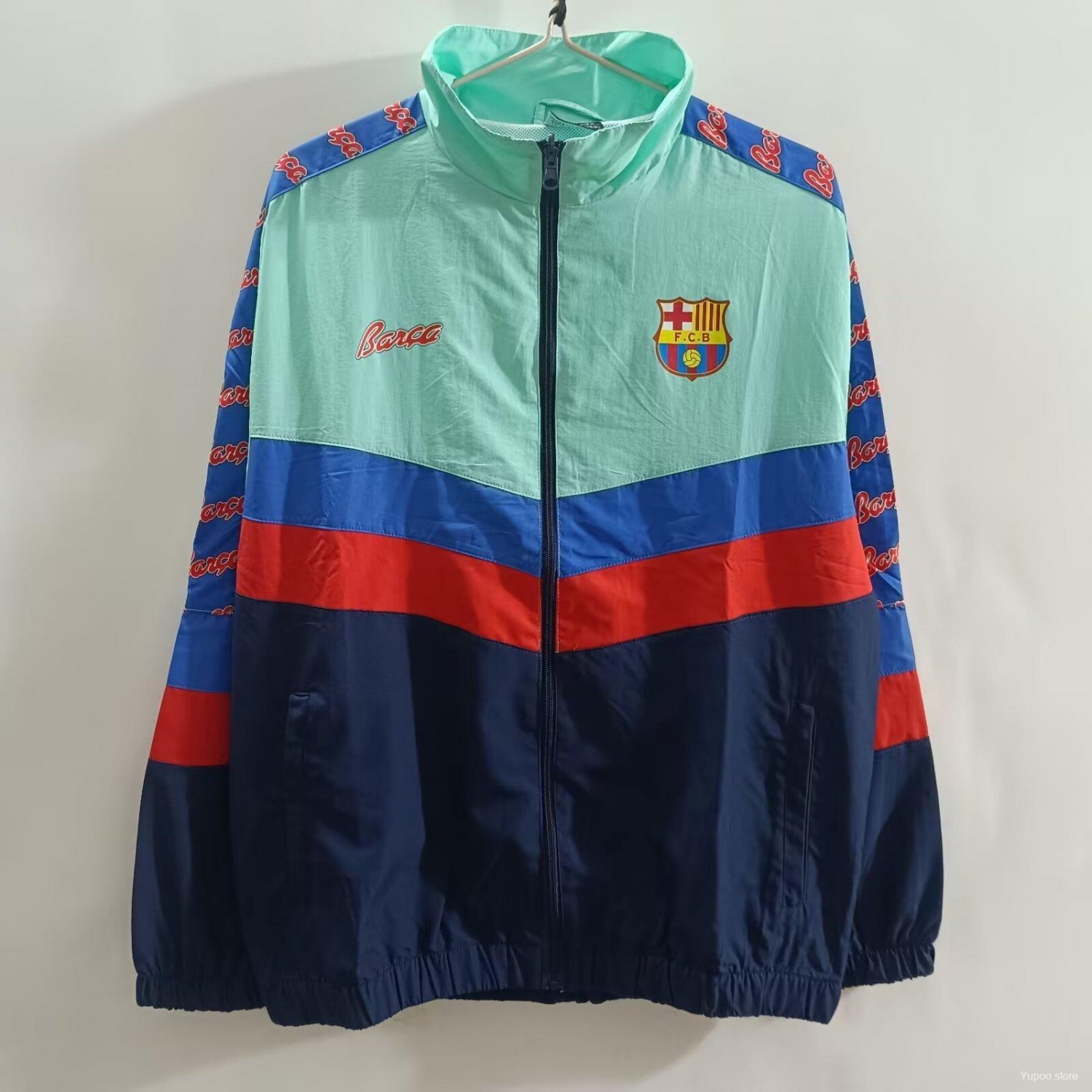 FC Barcelona Mint Green & Navy with Chevron Stripe Pattern 25/26 Windbreaker Jacket