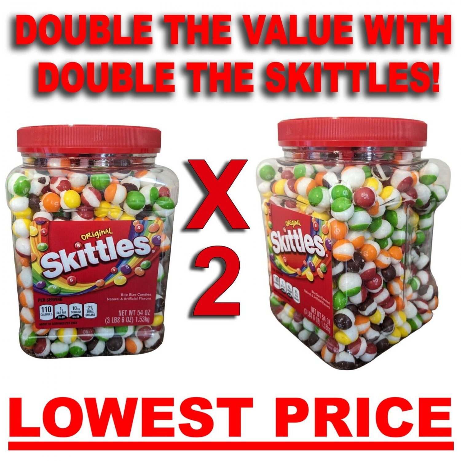 TWO 2 -Freeze Dried Bulk Original SKITTLEZ Candy 54oz Container Made Fresh DAILY
