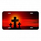 Custom Novelty License Plate With 3 Crosses And Red Sunset View Add Names