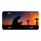 Custom Personalized License Plate With Man Kneeling To Two Crosses Add Names