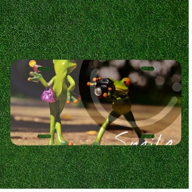 Custom Personalized License Plate Auto Tag With Frog Taking Picture Of Girl Frog